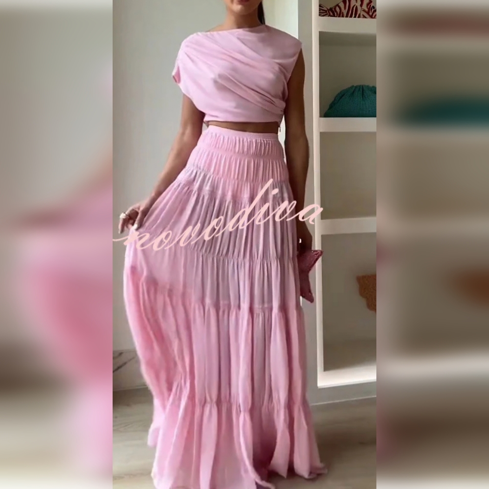 Stunning Chiffon Ruched Shoulder Short Sleeve Crop Top With A Line Maxi Skirt